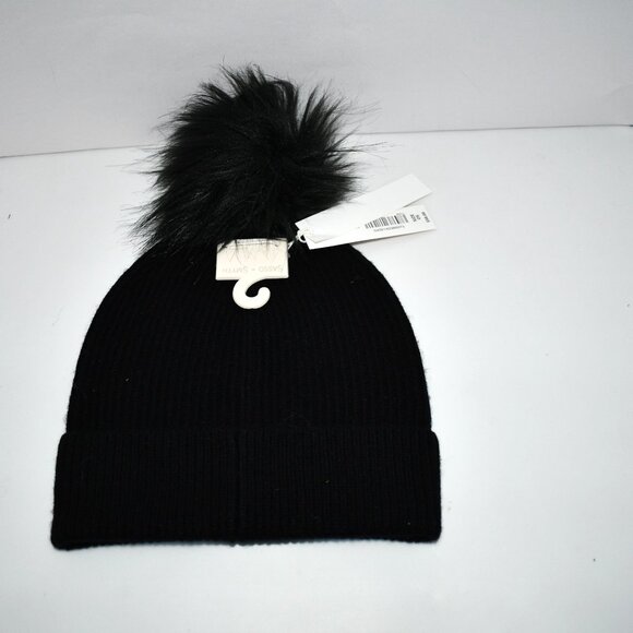 SASSO + SMYTH Ribbed Cuff Faux Fur Pom Beanie in Black NWT Details: Wool/cashmer - Picture 2 of 3